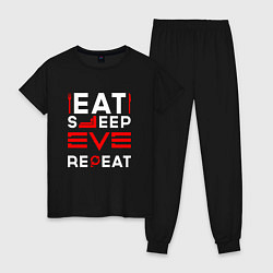 Пижама хлопковая женская Надпись eat sleep EVE repeat, цвет: черный