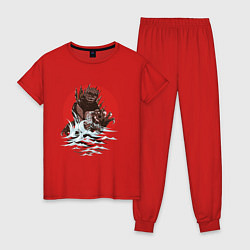 Пижама хлопковая женская Годзилла и волны, цвет: красный
