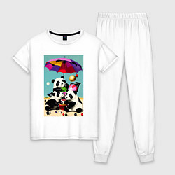 Пижама хлопковая женская Три панды под цветным зонтиком, цвет: белый