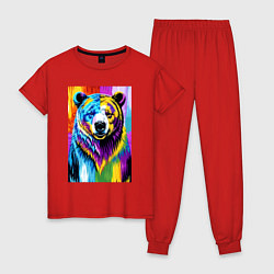 Пижама хлопковая женская Морда медведя - поп-арт - нейросеть, цвет: красный