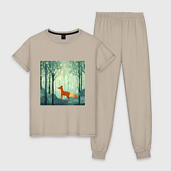 Пижама хлопковая женская Рыжая лисичка в лесу, цвет: миндальный