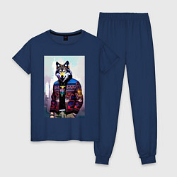 Пижама хлопковая женская Модный волчара - житель Нью-Йорка - нейросеть, цвет: тёмно-синий