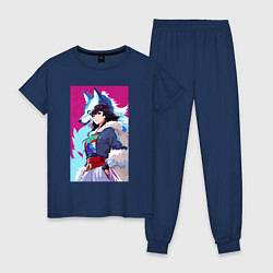 Пижама хлопковая женская Girl and wolf - anime - neural network, цвет: тёмно-синий