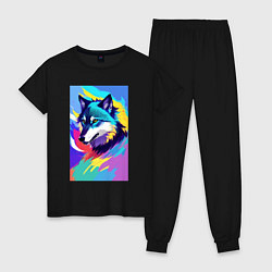 Пижама хлопковая женская Wolf - pop art - neural network, цвет: черный
