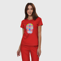 Пижама хлопковая женская Розовый череп - украшен цветами и точками, цвет: красный — фото 2
