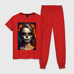 Пижама хлопковая женская Девушка с макияжем на Хэллоуин - нейросеть, цвет: красный