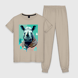 Пижама хлопковая женская Морда носорога - нейросеть, цвет: миндальный