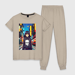 Пижама хлопковая женская Крутая девчонка в ночном городе - аниме, цвет: миндальный