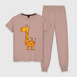 Пижама хлопковая женская Жираф и птичка, цвет: пыльно-розовый