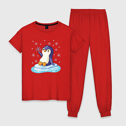 Пижама хлопковая женская Пингвин на льдине, цвет: красный