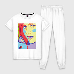 Пижама хлопковая женская Яркий женский портрет в стиле поп-арт, цвет: белый