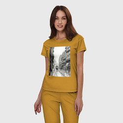 Пижама хлопковая женская Черно-белый париж, цвет: горчичный — фото 2