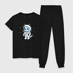 Пижама хлопковая женская Котик в космосе, цвет: черный