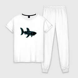 Пижама хлопковая женская Неоновая акула с узором, цвет: белый