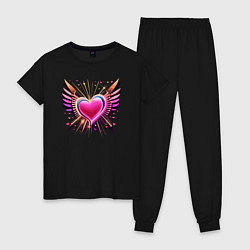 Пижама хлопковая женская Светящее сердце с крыльями, цвет: черный