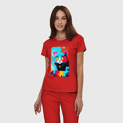 Пижама хлопковая женская Изумлённый котёнок - поп-арт - нейросеть, цвет: красный — фото 2