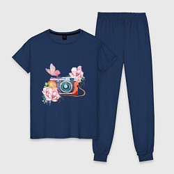 Пижама хлопковая женская Фотоаппарат в цветах и бабочки, цвет: тёмно-синий