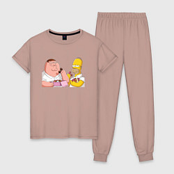 Пижама хлопковая женская Питер и Гомер едят пончики, цвет: пыльно-розовый
