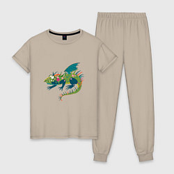 Пижама хлопковая женская Забавный зеленый дракон ящерица символ 2024 года, цвет: миндальный