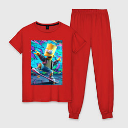 Пижама хлопковая женская Скейтбордист Барт Симпсон на фоне граффити, цвет: красный