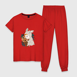 Пижама хлопковая женская Малыш зайка с медвежонком, цвет: красный