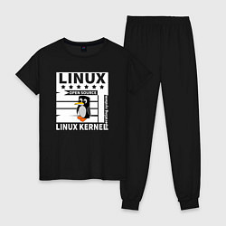 Пижама хлопковая женская Пингвин программист системы линукс, цвет: черный