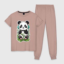 Пижама хлопковая женская Медвежонок панды в наушниках, цвет: пыльно-розовый