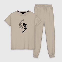 Пижама хлопковая женская Японские карпы Инь и Янь, цвет: миндальный