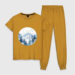Пижама хлопковая женская Горы в тумане в круге, цвет: горчичный