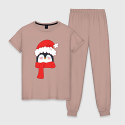 Пижама хлопковая женская Новогодний пингвин в шапке Деда Мороза, цвет: пыльно-розовый