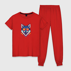 Пижама хлопковая женская Красочный волк в очках, цвет: красный