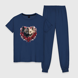 Пижама хлопковая женская Пара котов - День Валентина, цвет: тёмно-синий