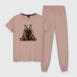 Пижама хлопковая женская Медведь веселый сидит, цвет: пыльно-розовый