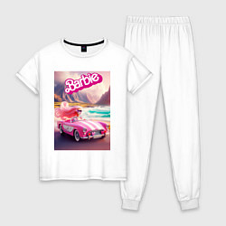 Пижама хлопковая женская Барби в кабриолете на горной дороге, цвет: белый