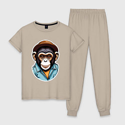 Пижама хлопковая женская Портрет обезьяны в шляпе, цвет: миндальный