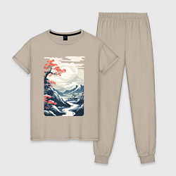 Пижама хлопковая женская Горный пейзаж в японском стиле, цвет: миндальный