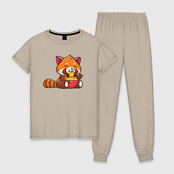 Пижама хлопковая женская Красная панда ест лапшу, цвет: миндальный