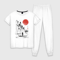 Пижама хлопковая женская Традиционный японский пейзаж с рыбаком и горами, цвет: белый