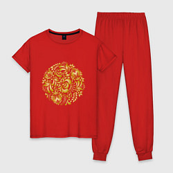 Пижама хлопковая женская Золотые узоры гжель, цвет: красный
