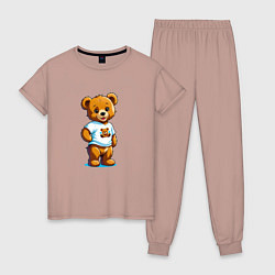 Пижама хлопковая женская Медвежонок в футболке, цвет: пыльно-розовый
