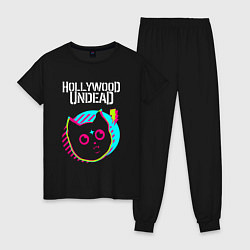 Пижама хлопковая женская Hollywood Undead rock star cat, цвет: черный