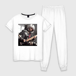 Пижама хлопковая женская Девчонка рок гитарист с чёрным котом, цвет: белый