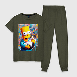Пижама хлопковая женская Bart Simpson with a kitten - ai art, цвет: меланж-хаки