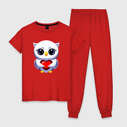 Пижама хлопковая женская Совенок белый с сердечком, цвет: красный