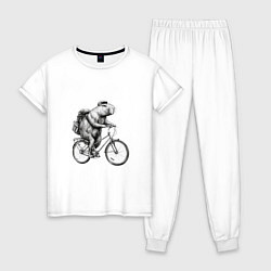 Пижама хлопковая женская Капибара на велосипеде в черном цвете, цвет: белый