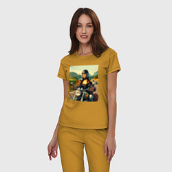 Пижама хлопковая женская Mona Lisa on a motorcycle - ai art, цвет: горчичный — фото 2