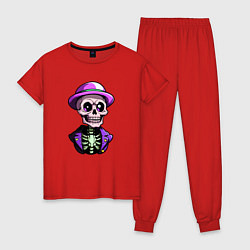 Пижама хлопковая женская Скелет в фиолетовой шляпе, цвет: красный
