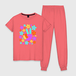 Пижама хлопковая женская Flower peace, цвет: коралловый