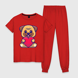 Пижама хлопковая женская Бульдог с сердечком, цвет: красный