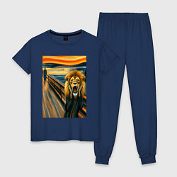 Пижама хлопковая женская Лев кричит - мем картина от нейросети, цвет: тёмно-синий